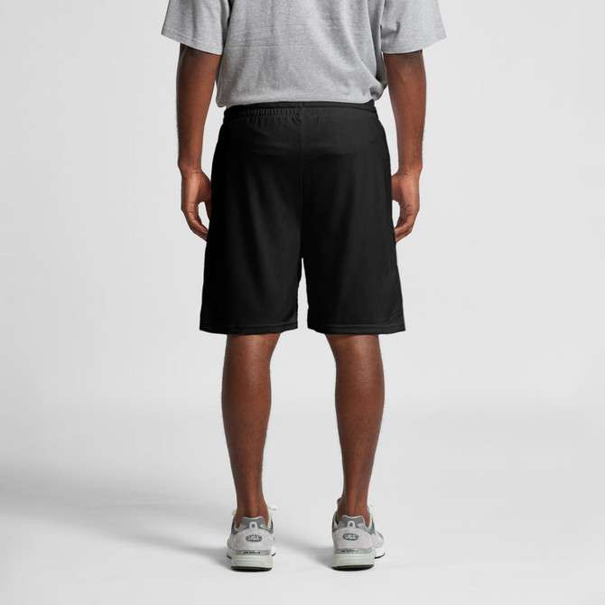 Black sports shorts with an elastic waistband, featuring a logo on the side.