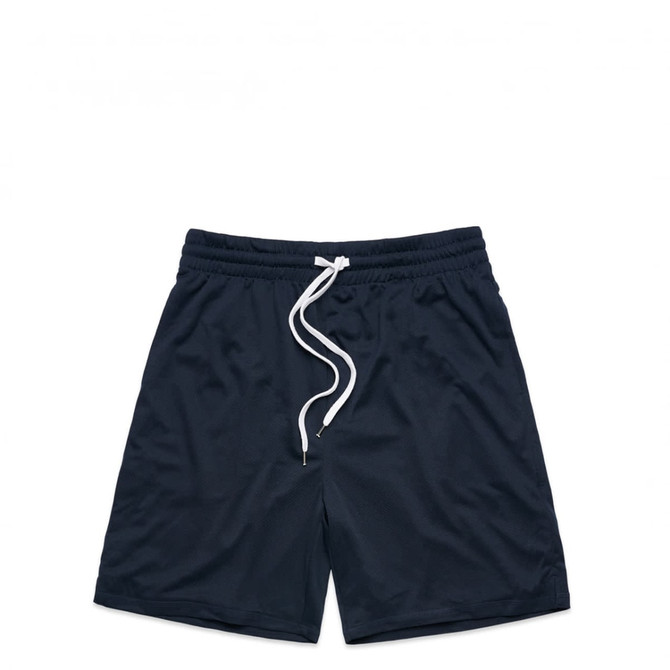 Navy sports shorts with an elastic waistband and drawstring, featuring a simple design and no visible logos.