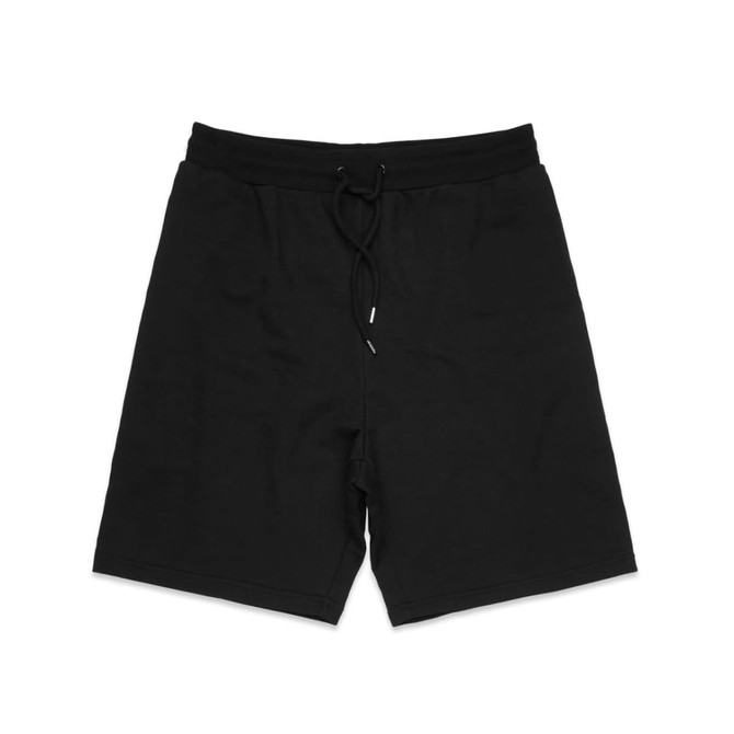 Black sports shorts with an elastic waistband and drawstring. Features a logo branding.