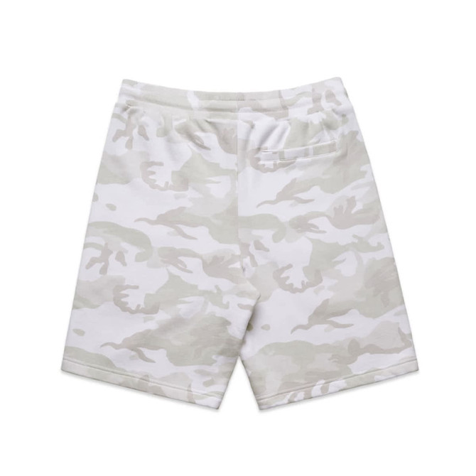 Light grey camo shorts with an elastic waistband and a back pocket, featuring a branding logo.
