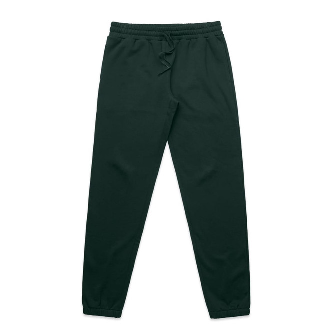 Dark green track pants featuring a logo, with a tapered fit and elastic waistband.