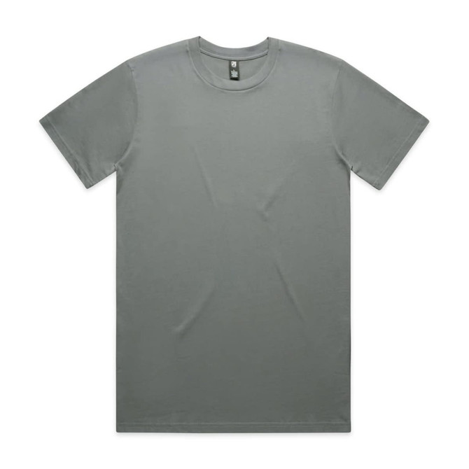 A grey classic tee with a round neckline and short sleeves. The shirt features a logo on the label.