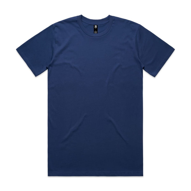 A navy blue classic T-shirt with a round neckline and short sleeves, featuring a logo.