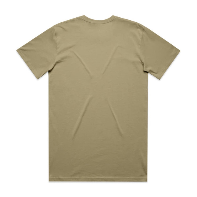 A plain olive green T-shirt with a crew neck and short sleeves, featuring a logo on the back.