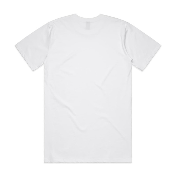A plain white Classic Tee featuring a crew neckline and short sleeves, with a branding logo on the back.