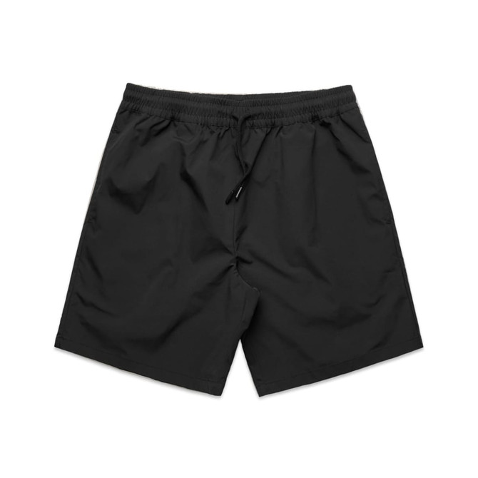 Black sports shorts featuring an elastic waistband and a drawstring, with a logo on one side.