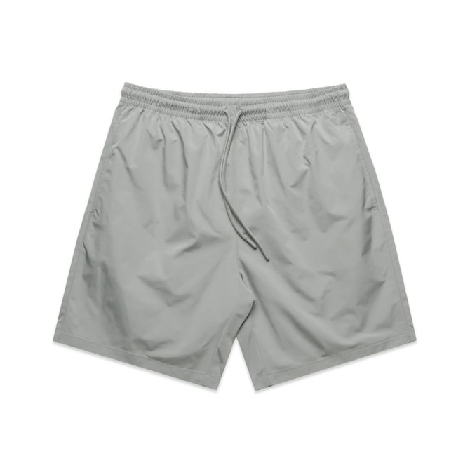 Active training shorts in a light grey shade, featuring an elastic waistband and a drawstring, with a logo.