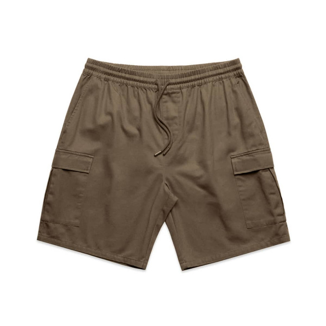 Cargo shorts in a rich brown colour feature an elastic waistband and multiple side pockets. There is a logo present.
