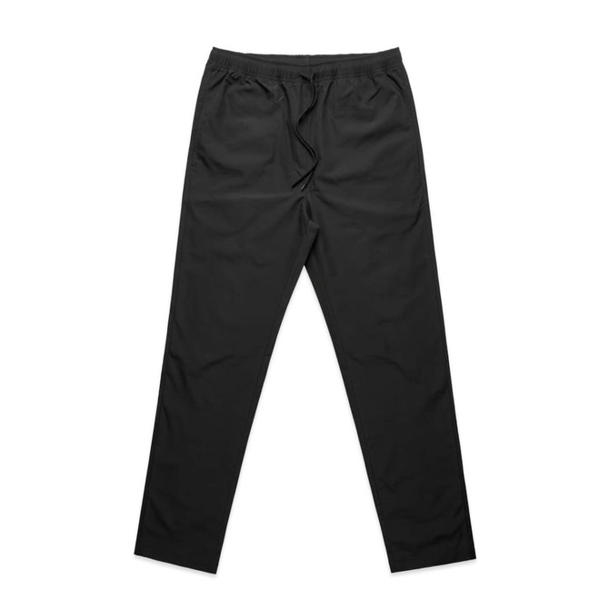 Black active training pants with an elastic waistband and drawstring, featuring a logo.