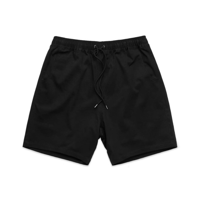 Black walk shorts with an elastic waist, drawstring, and side pockets. Features a logo on the garment.