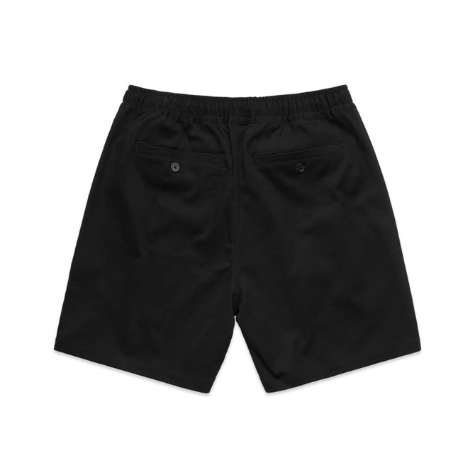 Black Walk Shorts with an elastic waistband and two buttoned back pockets. Features a logo on the waistband.