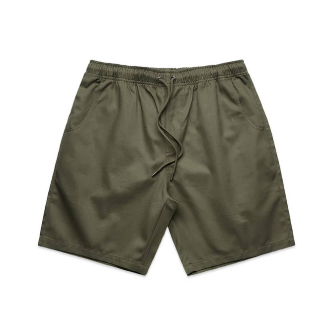 Olive green dress shorts featuring an elastic waistband and side pockets. Includes a branding logo.