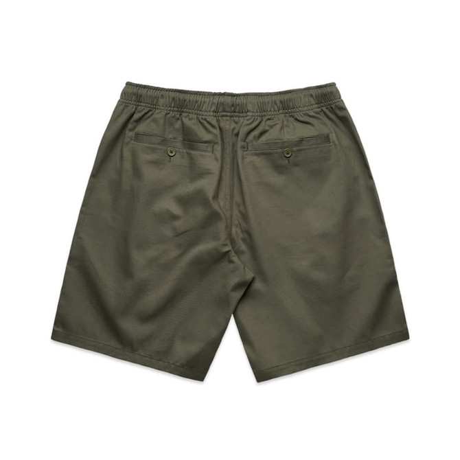 Olive green dress shorts featuring an elastic waistband and two back pockets. Includes a logo on the garment.