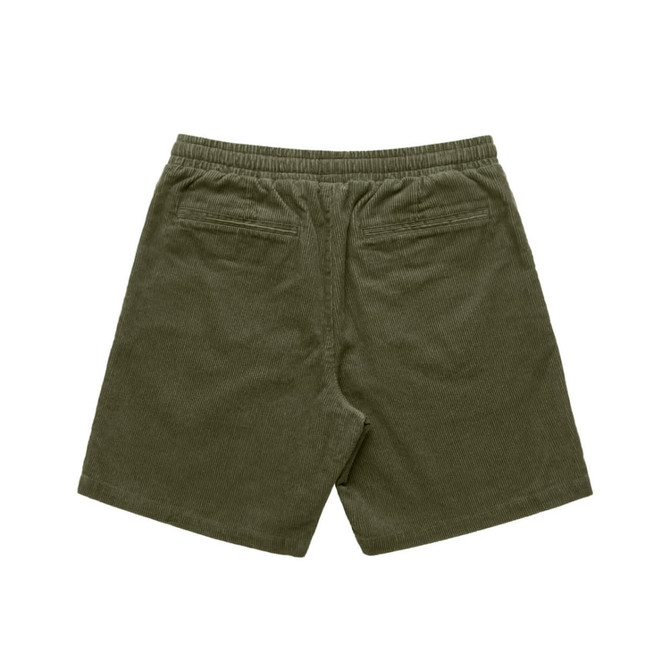 Cord shorts in olive green with an elastic waistband and back pockets. Features a logo on the waistband.
