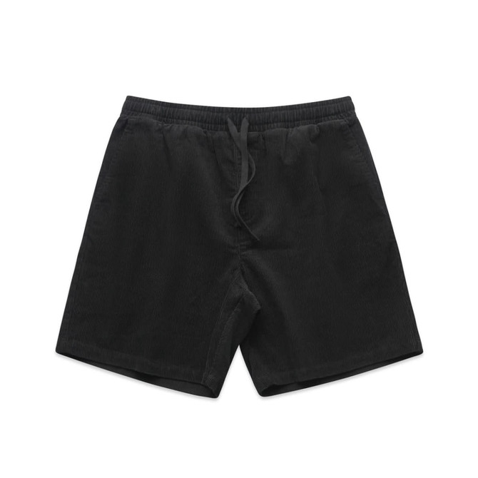 Black cord shorts with an elastic waistband and drawstring. Features a logo. Designed for casual wear.