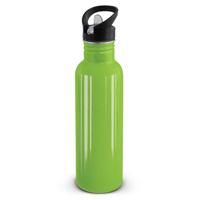 A drink bottle in a vibrant lime green color with a black screw top and a built-in spout for easy drinking.