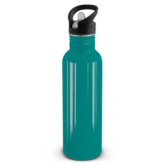 A drink bottle with a teal body and a black cap featuring a carrying handle.