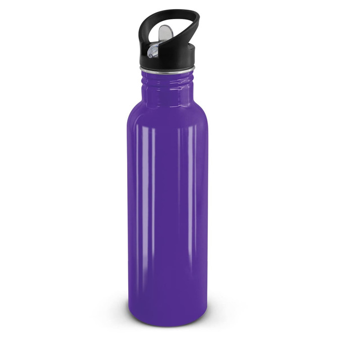 A drink bottle with a sleek design in vibrant purple, featuring a black lid with a flip-top spout for easy access.