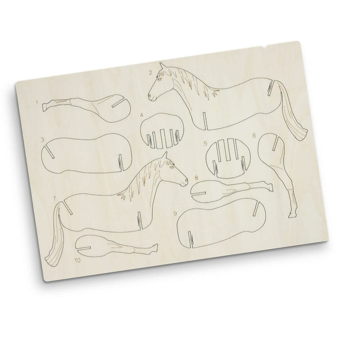 A wooden model kit featuring laser-cut pieces of a horse, ready for assembly. The design includes various sections in light wood.