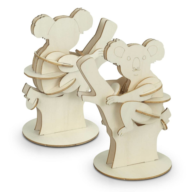 Two wooden koala models climbing on trees, in natural wood tones, displayed from different angles.