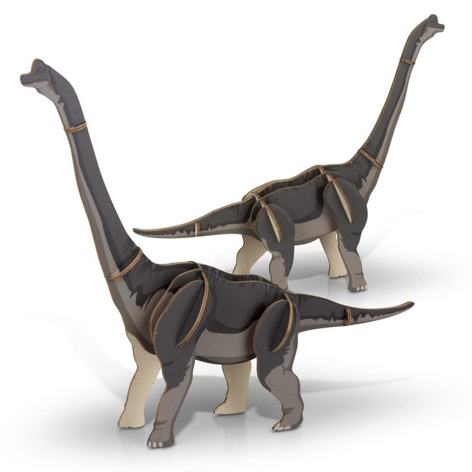 A wooden model of a Brachiosaurus features dark grey and beige colours, showcasing its long neck and tail.
