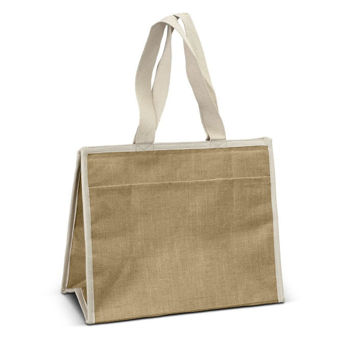 A beige jute cooler bag with white handles and an additional pocket on the front.