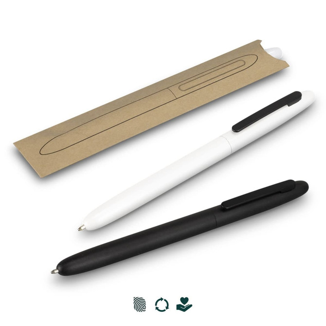 A collection of SPICE Retro Pens in black and white, displayed alongside a brown kraft packaging sleeve.