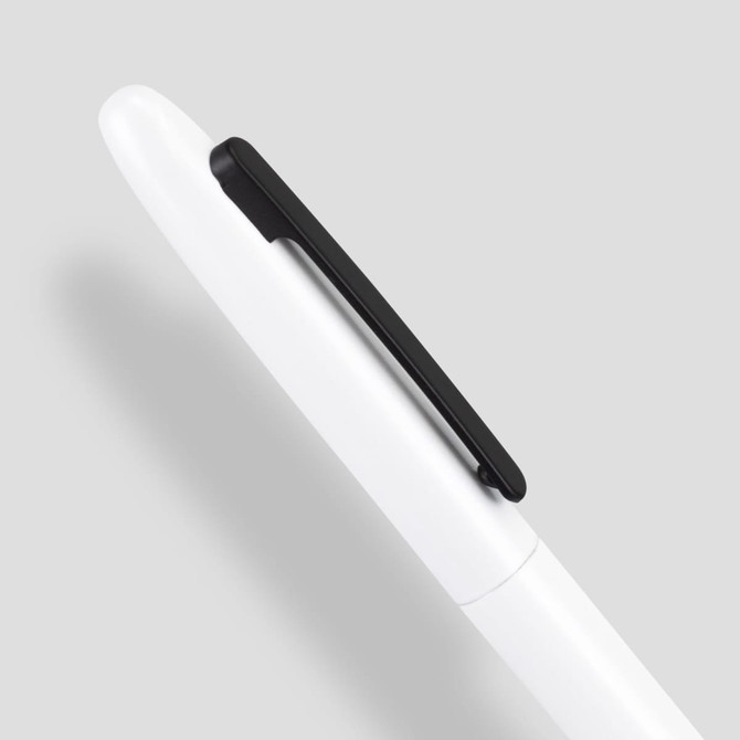A white metal pen with a black clip positioned against a grey background. It features a simple design and branding.