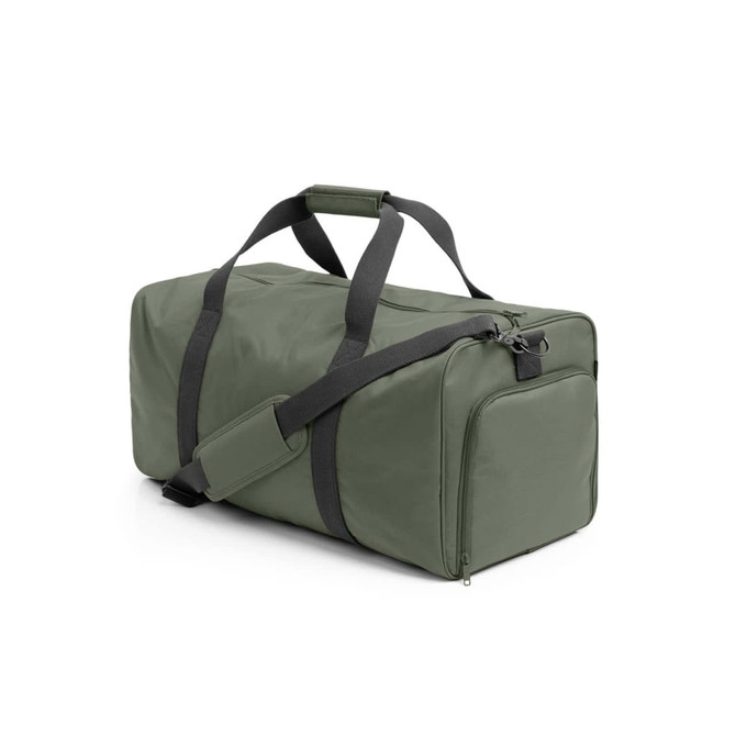 A green duffle bag with dual handles and a detachable strap, featuring a zippered main compartment and a small side pocket.