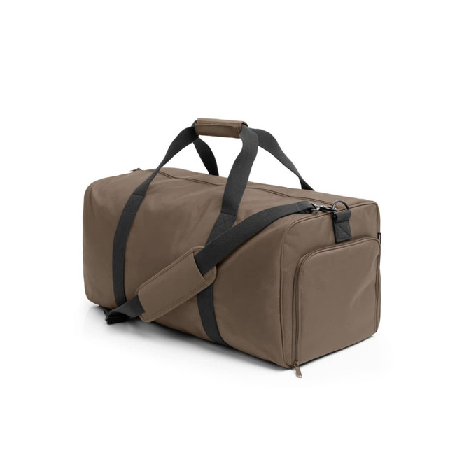 A duffle bag in a muted olive green with black straps and a zippered side pocket, featuring a logo.
