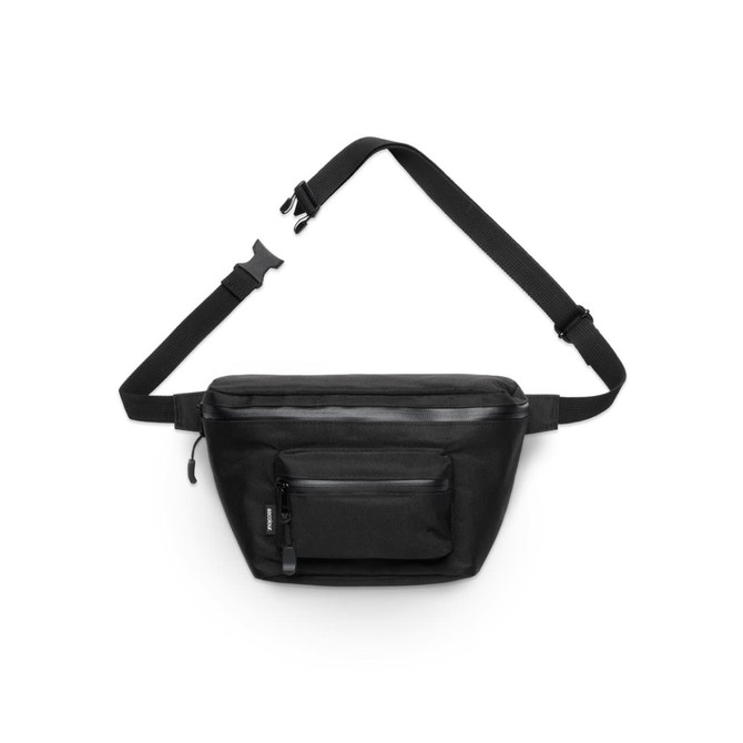 A black recycled pocket waist bag featuring a main compartment and a front zip pocket, with an adjustable strap and logo.