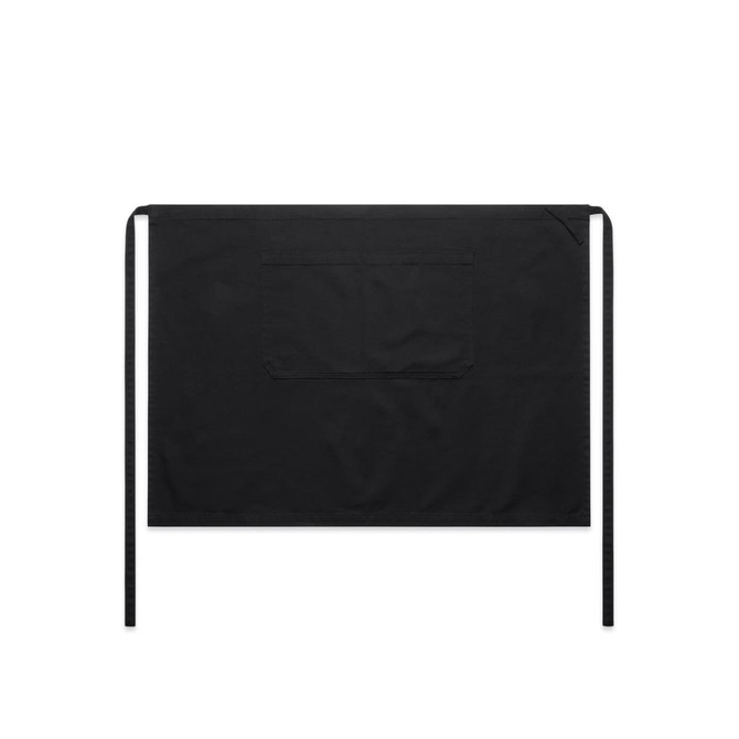 A black canvas half apron featuring a front pocket and ties for securing behind the waist.