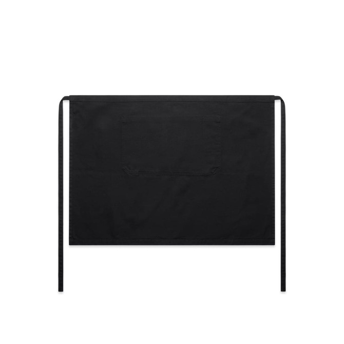 A black canvas half apron featuring a pocket and ties on the sides, designed for workwear use.
