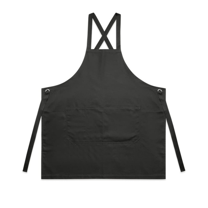 A black apron with a cross-back design and a front pocket, featuring adjustable ties on the sides.