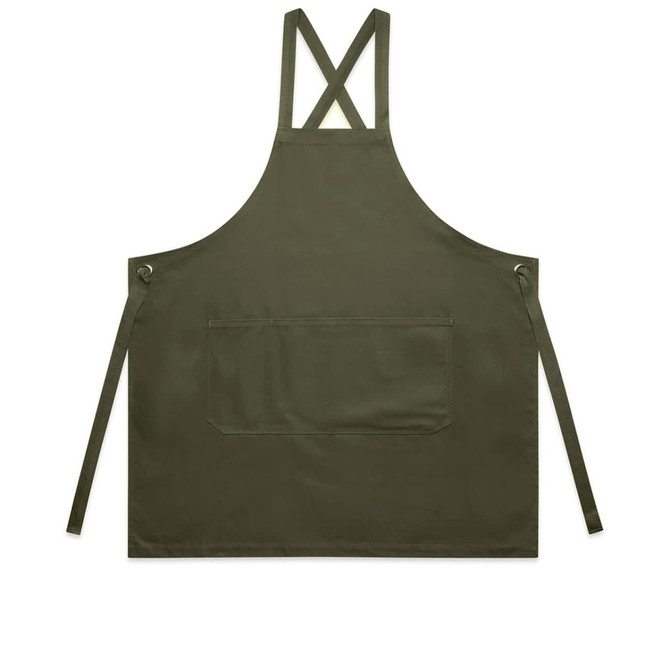 A dark green apron with cross-back straps and a front pocket, featuring a logo.