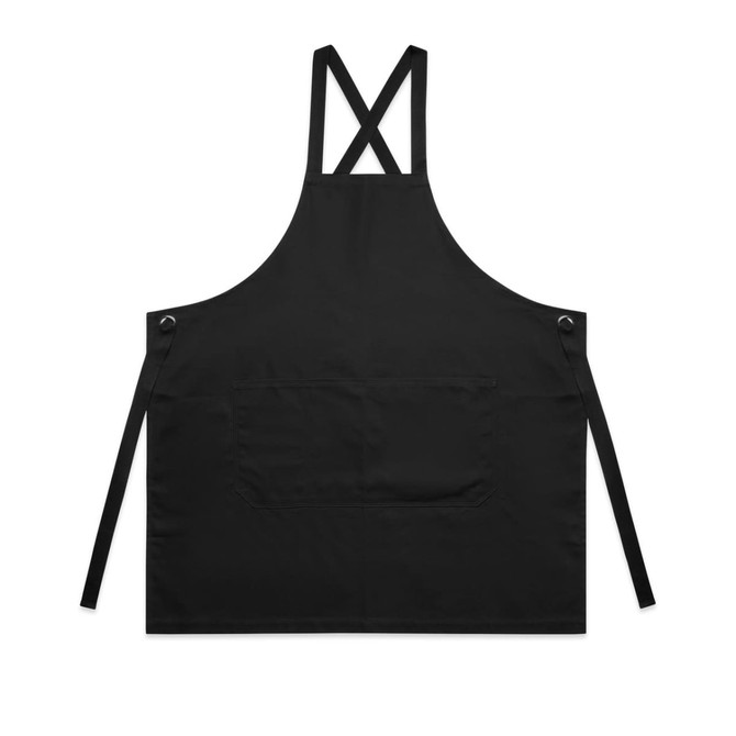 A black apron with crossed straps and a front pocket, featuring metal eyelets and ties on the sides.