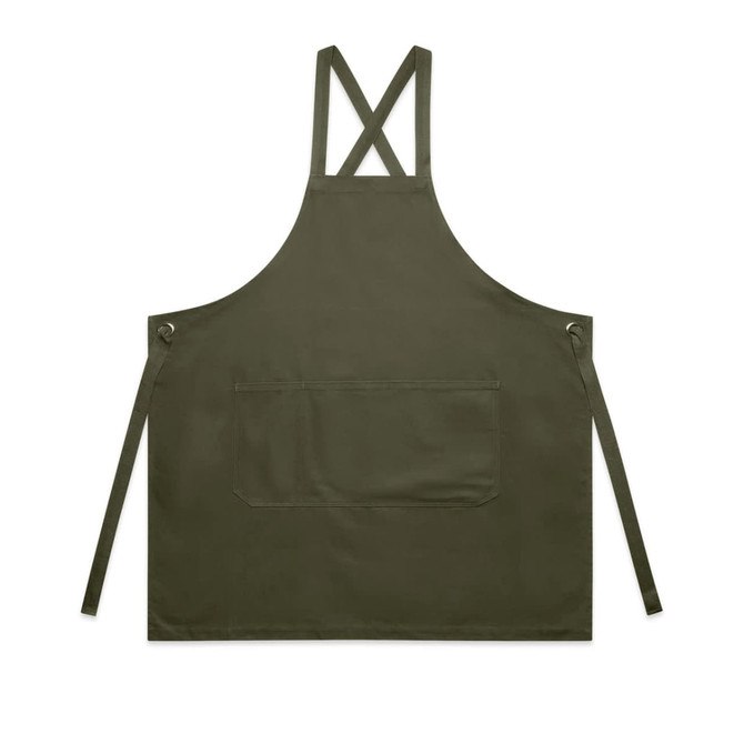 A solid olive green apron with cross-back straps and a front pocket. Features eyelets and ties for secure fastening.