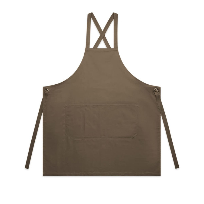 A brown apron featuring cross-back straps and a front pocket, equipped with tie straps.