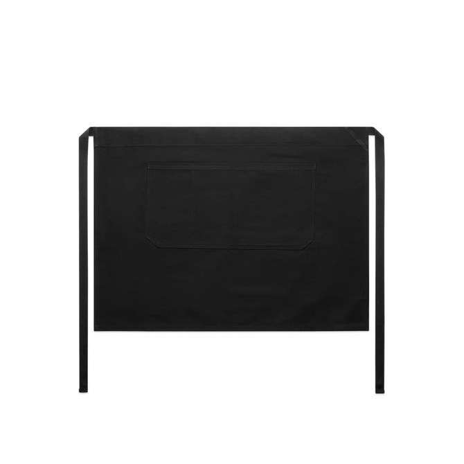 A black half apron with a single pocket and long ties, featuring a logo on the material.