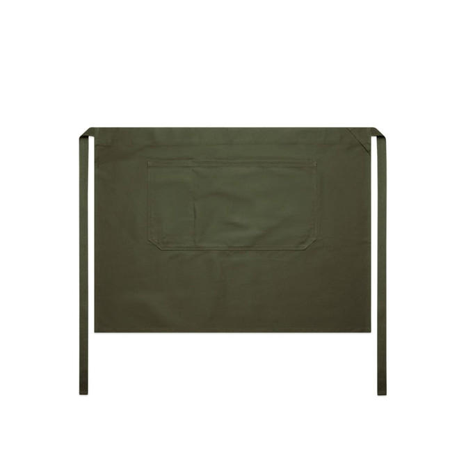 A green half apron with a large back pocket and long ties. The apron features a simple, solid design.