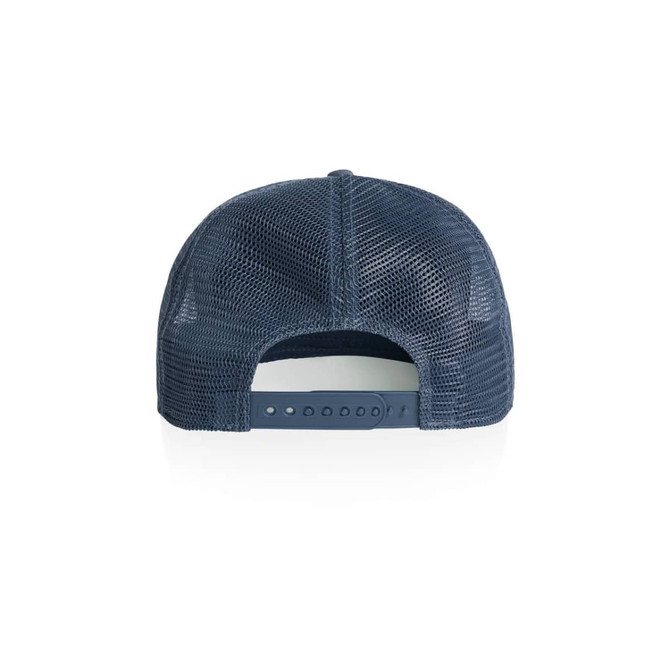 A navy blue trucker cap featuring a mesh back and an adjustable snap closure. The cap also has a branding logo.