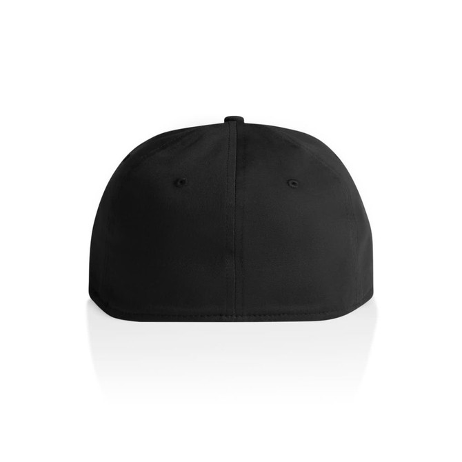 A black cap featuring a solid design and a logo on the front. The back has a smooth finish.