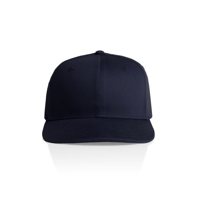 A navy blue cap with a structured design and a curved peak, featuring a logo on the front.