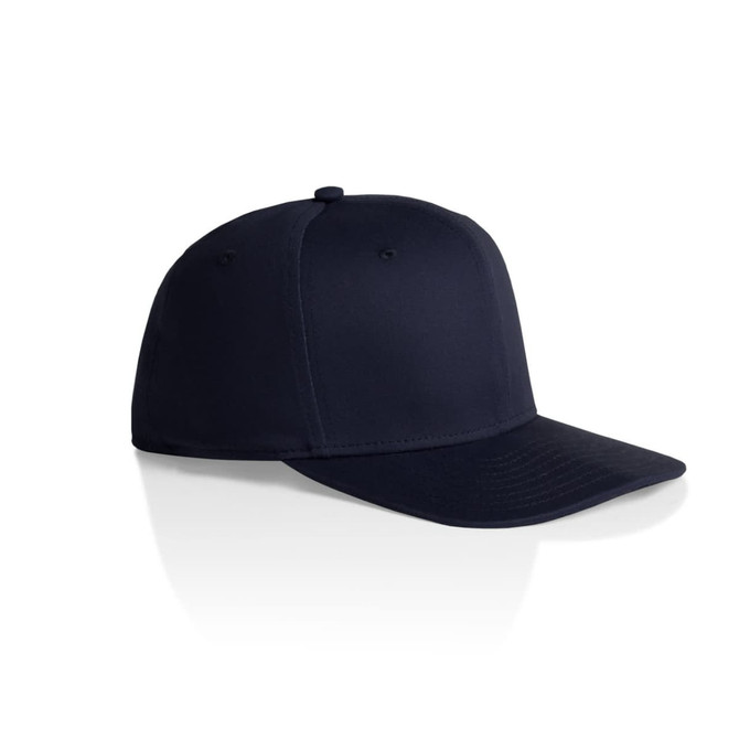A navy cap with a structured design, featuring a curved peak and a branded logo.