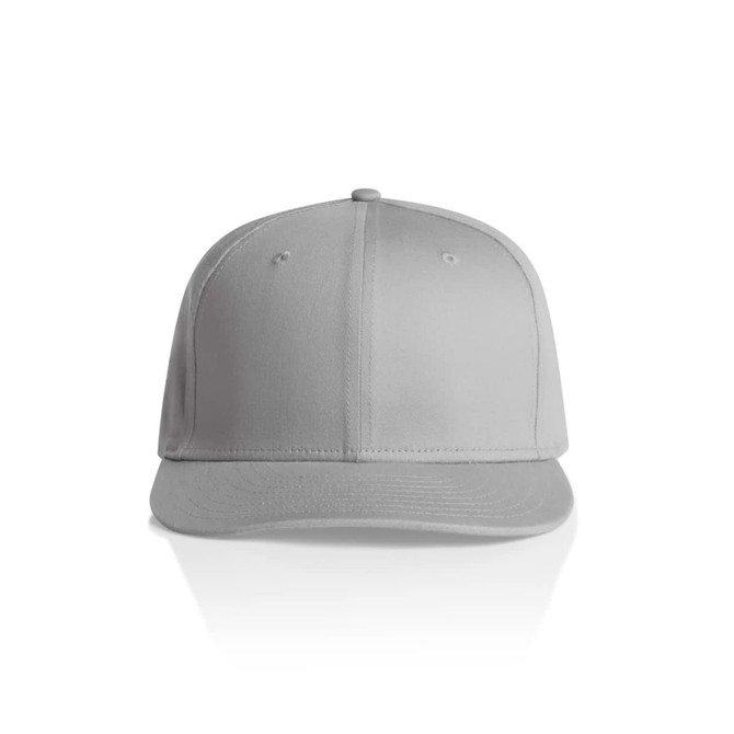 A grey cap with a structured design and a logo on the front.