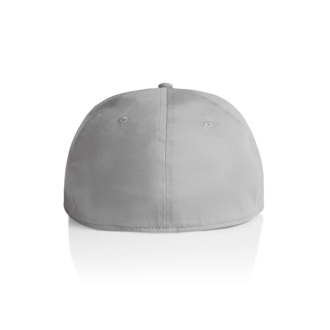 A grey cap with a rounded shape and a logo on the back.