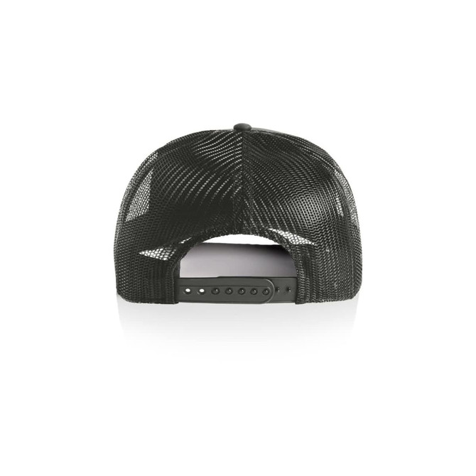 A black trucker cap with a mesh back and adjustable snap closure. The interior features a plain design.