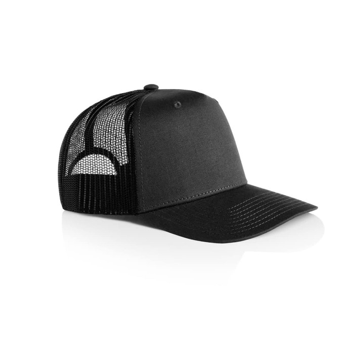A black trucker cap with a solid front and mesh back, featuring a logo on the front.