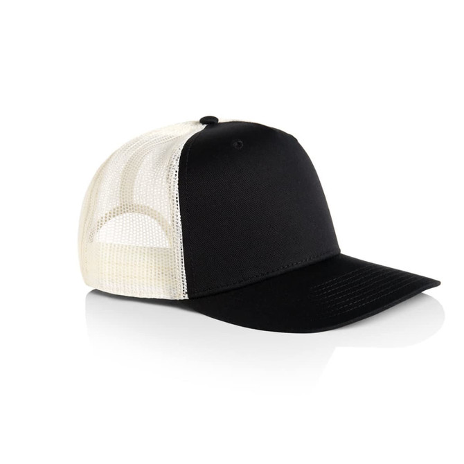 A black trucker cap with a mesh back and a solid black front. The cap features a logo on the front.