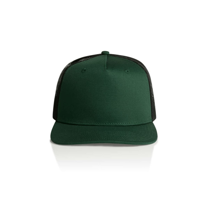 A green trucker cap with a solid front and mesh back, featuring a logo on the front.